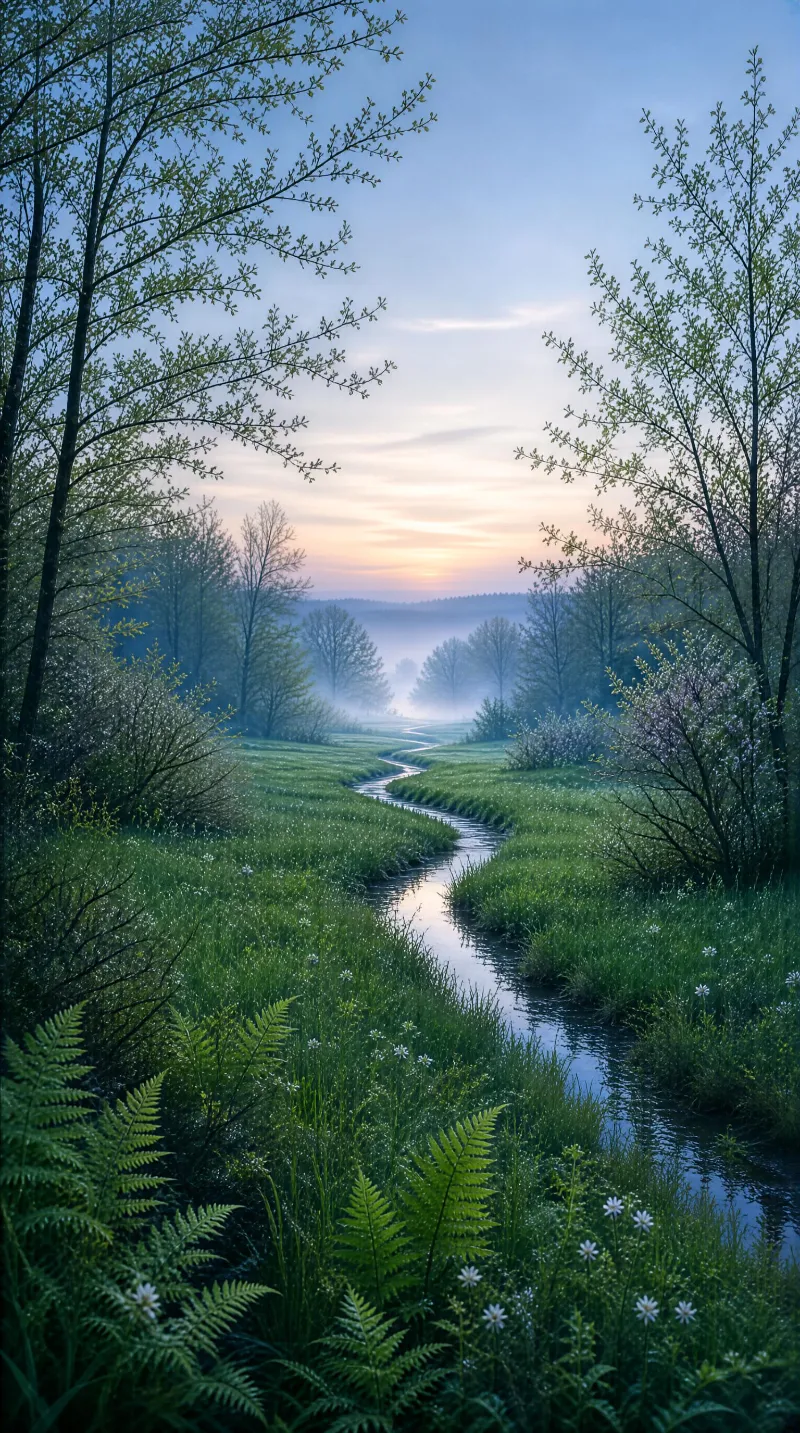 Morning Mist Over a Winding Stream