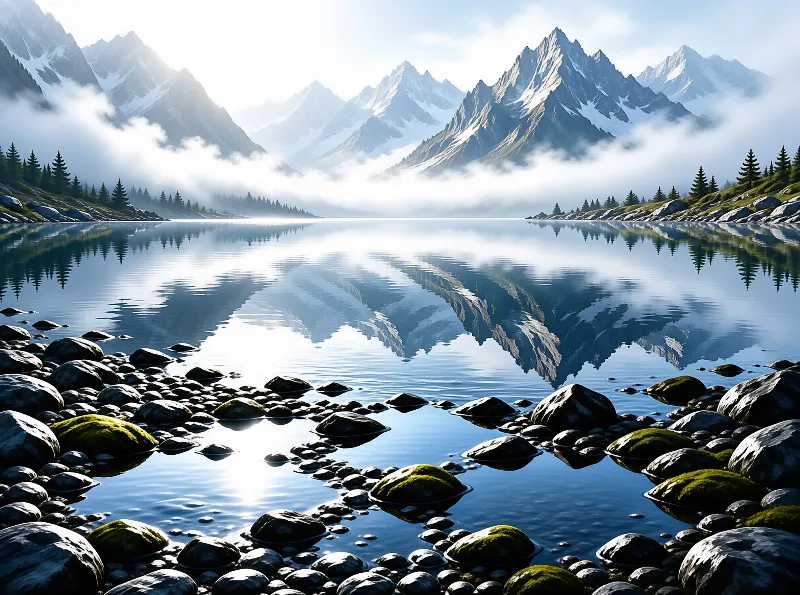 A glassy alpine lake mirrors towering snow-capped peaks while mist lingers near evergreen forests and mossy rocks.