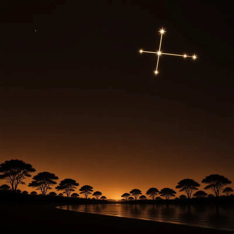 Stars form a cross pattern in the night sky above silhouetted trees and a water surface reflecting warm orange light.