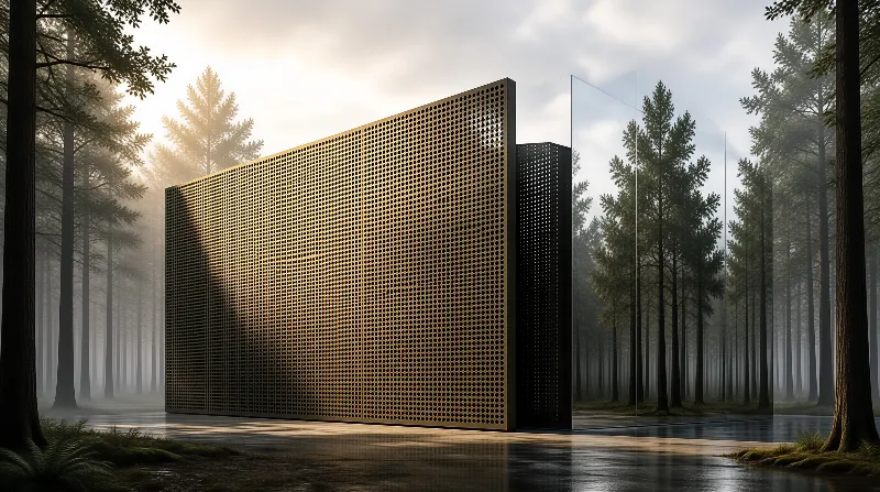 A bronze panel pierced by a grid of round holes stands among tall conifers shrouded in fog.