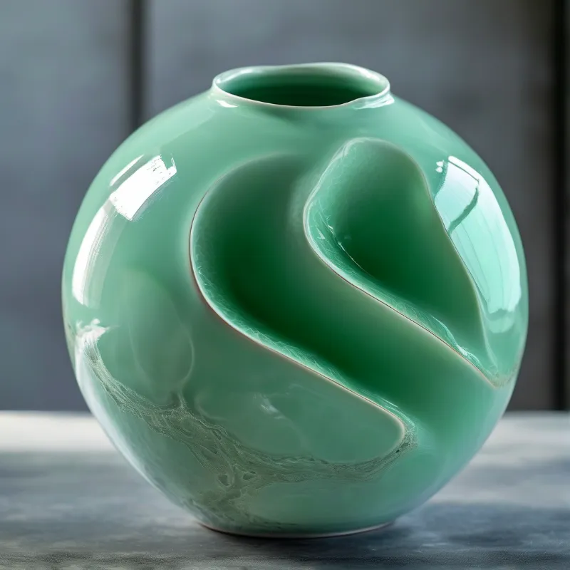 A glossy teal ceramic vase with a deep spiral indentation rests on a dark textured surface under soft lighting.