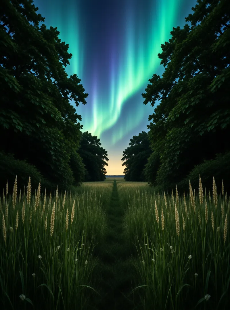 Green Aurora over Forest Path