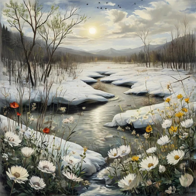 A half-melted river winds through snow-covered land dotted with spring wildflowers and bare trees under a bright sunlit sky.