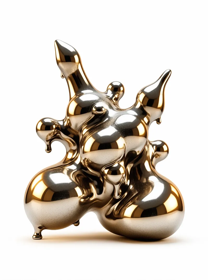 A shiny golden abstract sculpture stands against a plain white background with strong reflections.