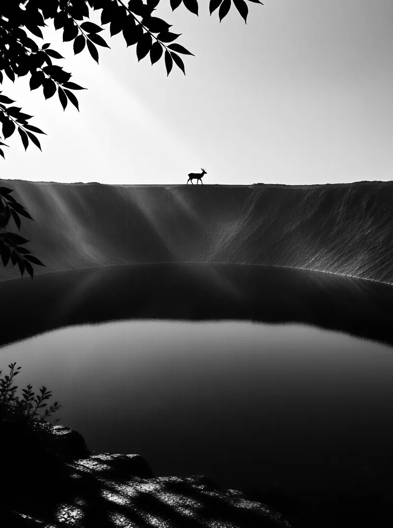 A tiny stag walks the dark rim of a volcanic lake in high contrast monochrome, framed by leafy branches and soft light rays.