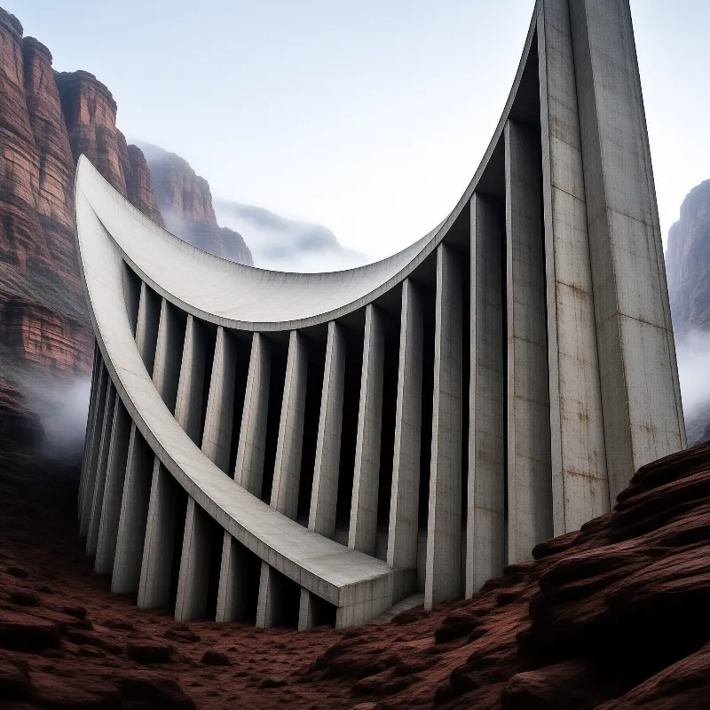 A sweeping wall of slender concrete fins curves between rust-colored cliffs veiled in drifting morning mist.