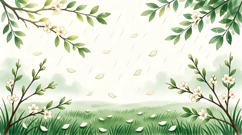 Framing flowering tree branches with falling petals lie on green grass amid light diagonal rain lines
