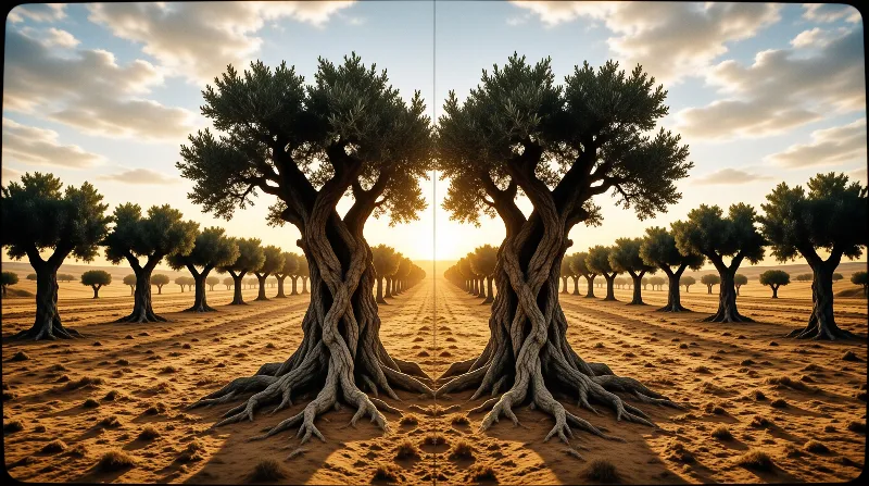 Two gnarled olive trees mirror each other in a golden field, their rows leading to a bright sun on the horizon.