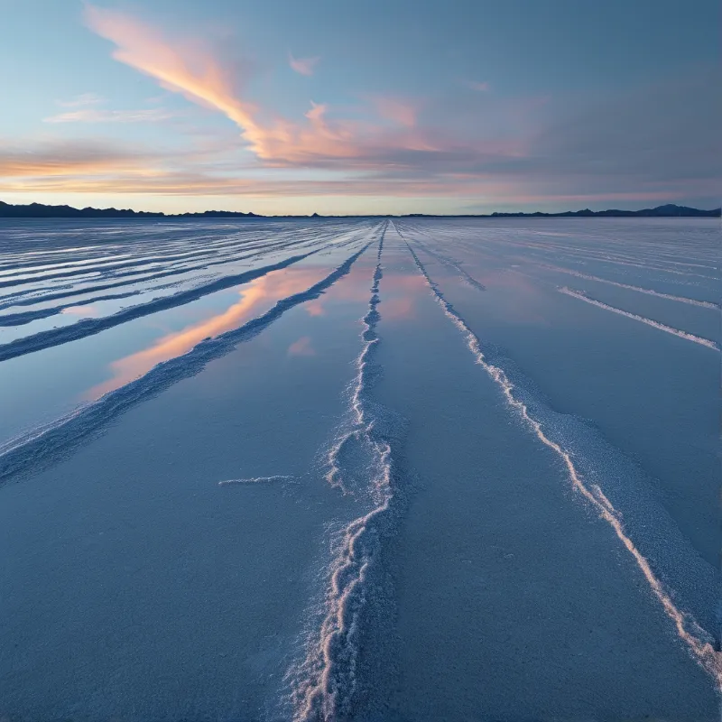 Row after row of shallow salt ridges stretch toward distant mountains under a pastel sky of pink and blue.