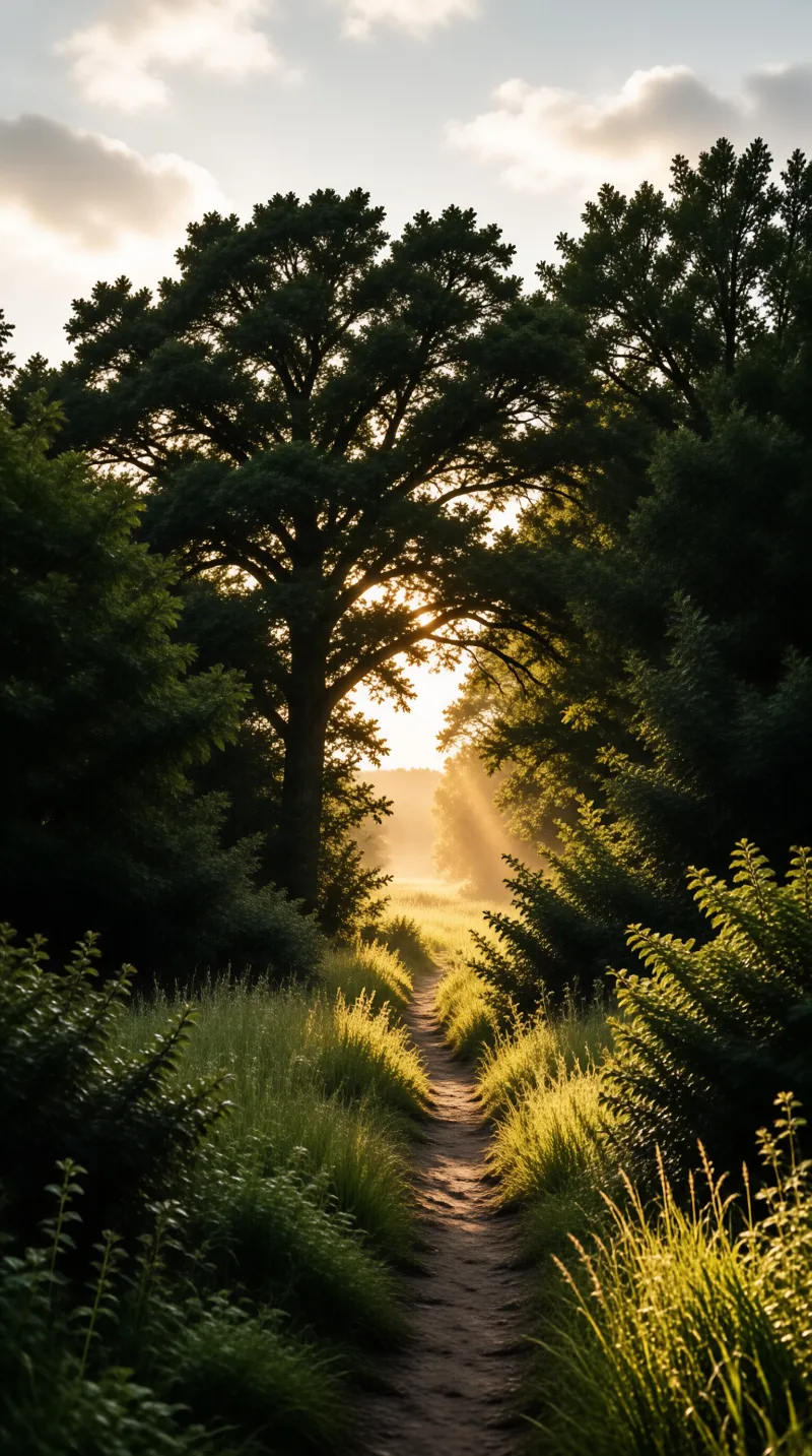 A winding dirt path cuts through lush woods where bright golden sunbeams pierce the dense canopy above.