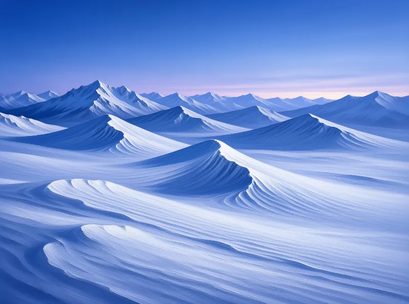 Wavelike snow ridges lead to distant blue peaks under a clear sky with a pale pink dawn glow.