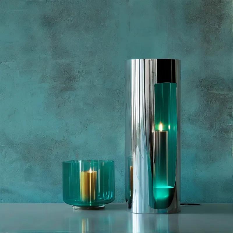 Shiny silver cylinder and faceted blue glass cup hold lit candles on a glossy surface.