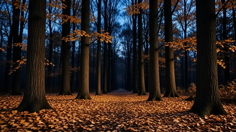 A narrow trail winds through bare trees toward a deep blue dusk sky above a carpet of orange leaves.