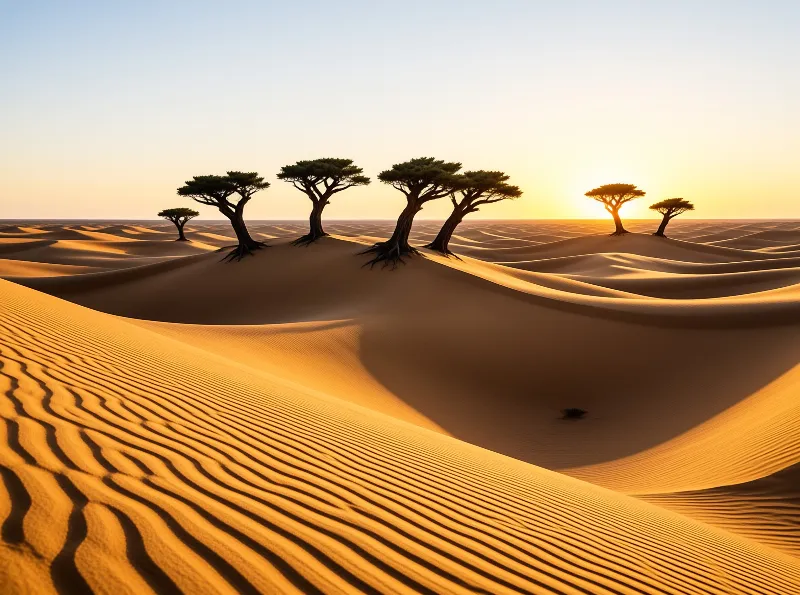 A row of sparse trees grows on the crests of golden sand dunes while warm sunlight illuminates the desert landscape.