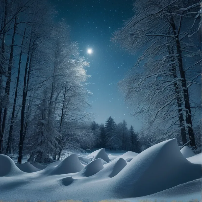 Tall trees laden with heavy snow frame a dark blue night sky illuminated by a brilliant star above deep drifts.