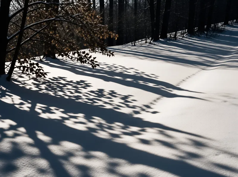 Long dark shadows from bare winter trees stretch across a pristine white snow covered forest floor.