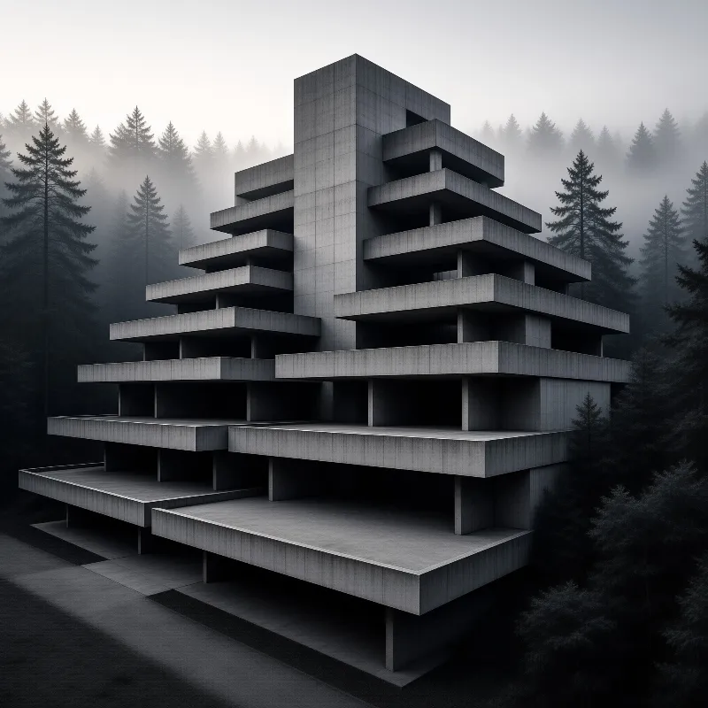 Cantilevered grey concrete slabs rise tier upon tier through mist among dark evergreen trees.