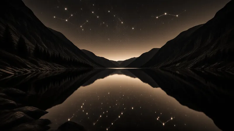 Bright star clusters hang above dark ridgelines and glow again in the glassy water between them.