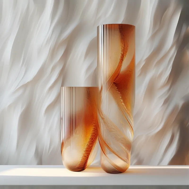 Two tall translucent vessels with swirling amber and cream patterns rest on a white ledge against a wavy backdrop.