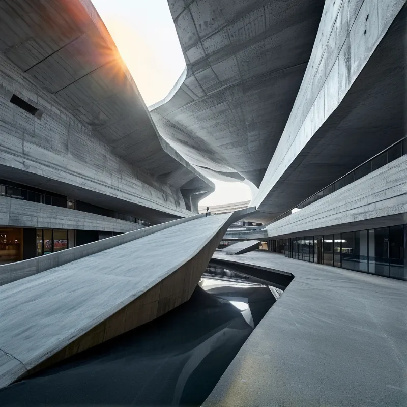 Cantilevered walkways sweep through raw concrete forms as warm sunlight flares from the upper corner.