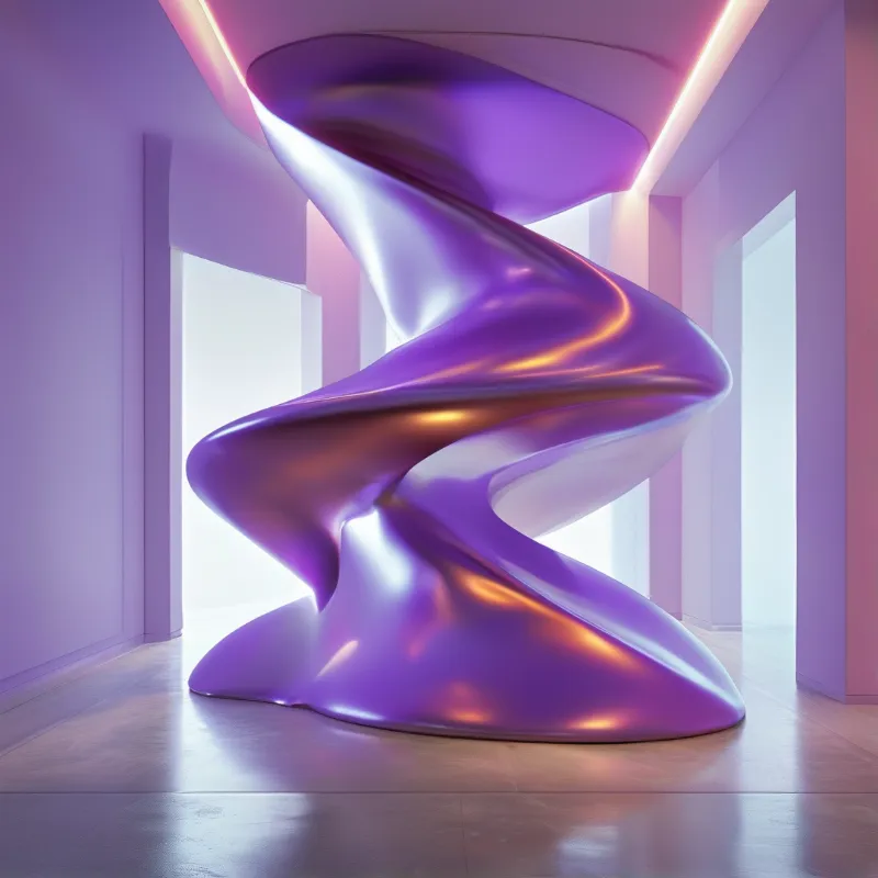 A glossy purple metallic sculpture twists through a bright minimalist room featuring white walls and natural light.