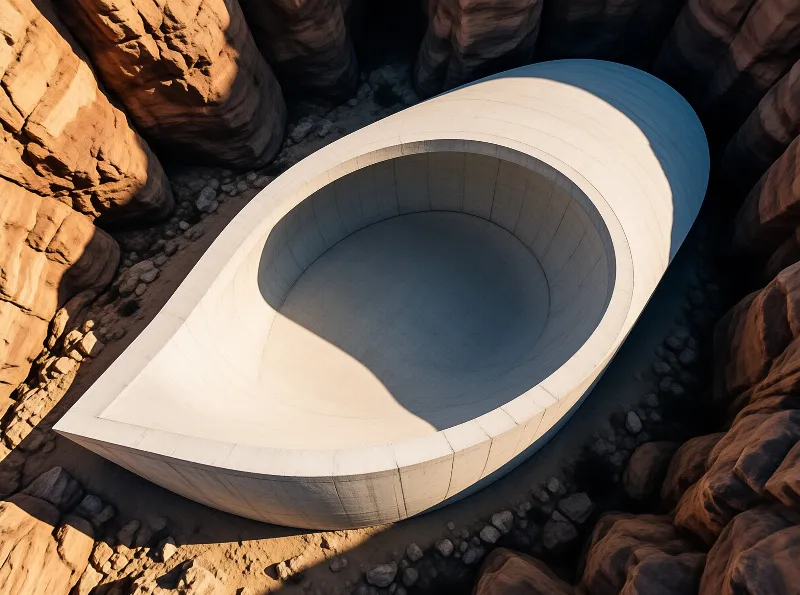 An aerial view of a smooth white elliptical pit ringed by sunlit sandstone cliffs and scattered scree.