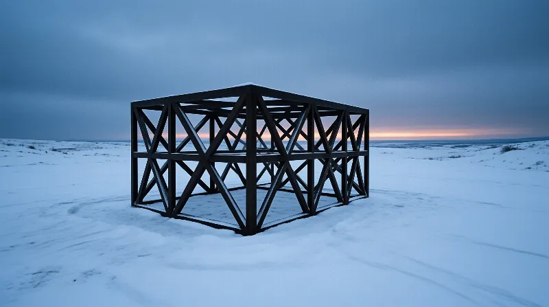 A hexagonal metal truss frame sits alone on a snowy plain with a gradient blue sky and pink sunset on the horizon.