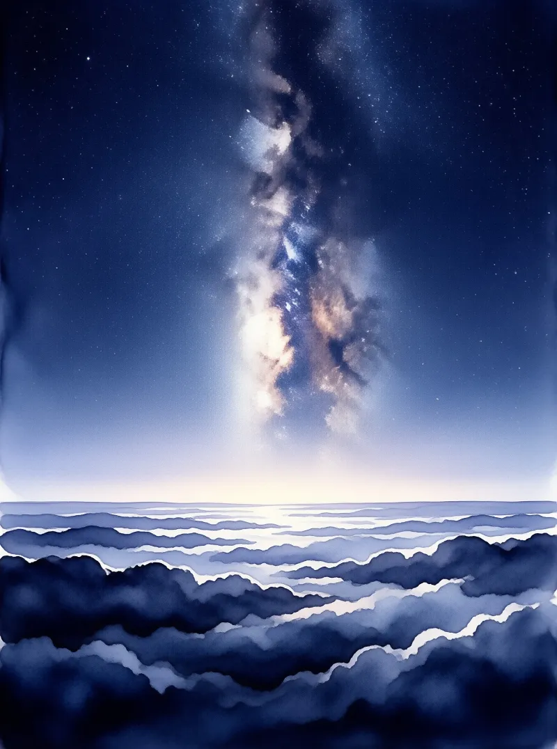 A vertical river of stars in soft indigo washes hovers above layered misty clouds near a pale horizon.