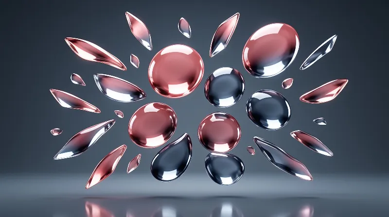 A cluster of shiny rose pink and dark blue teardrop shapes floats in a void of soft grey light with clear reflections.