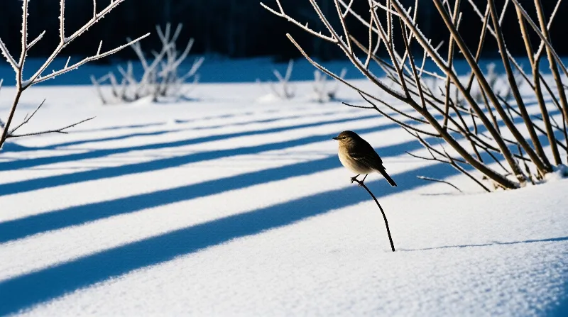 A small brown bird on a curved stem in snow, with long blue shadows from frosty branches across the white field.