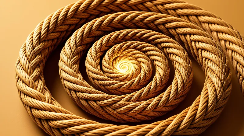 A thick twisted rope forms a tight spiral pattern where a bright warm light radiates from the middle.