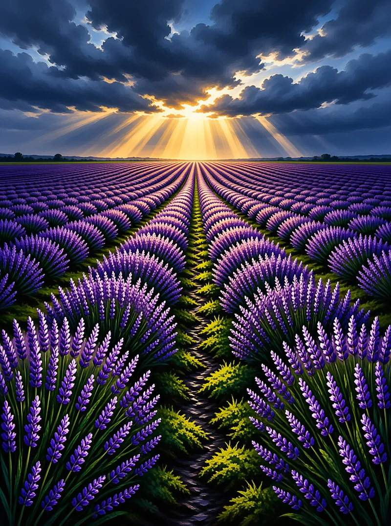 Painted furrows of purple blooms run toward a horizon where golden light bursts through a gathering storm