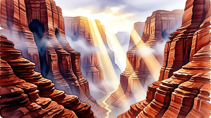 Illustration of red rock formations in a valley where thick beams of white light shine down through mist.