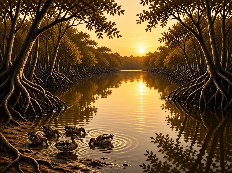 Five mallards paddle through mirrored sunset light where tangled tree roots meet the still waterway.