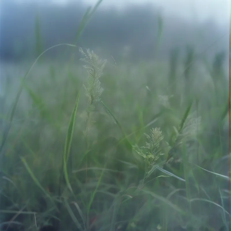 Green grass stalks with delicate seed heads stand out against a blurred blue background of foggy vegetation.