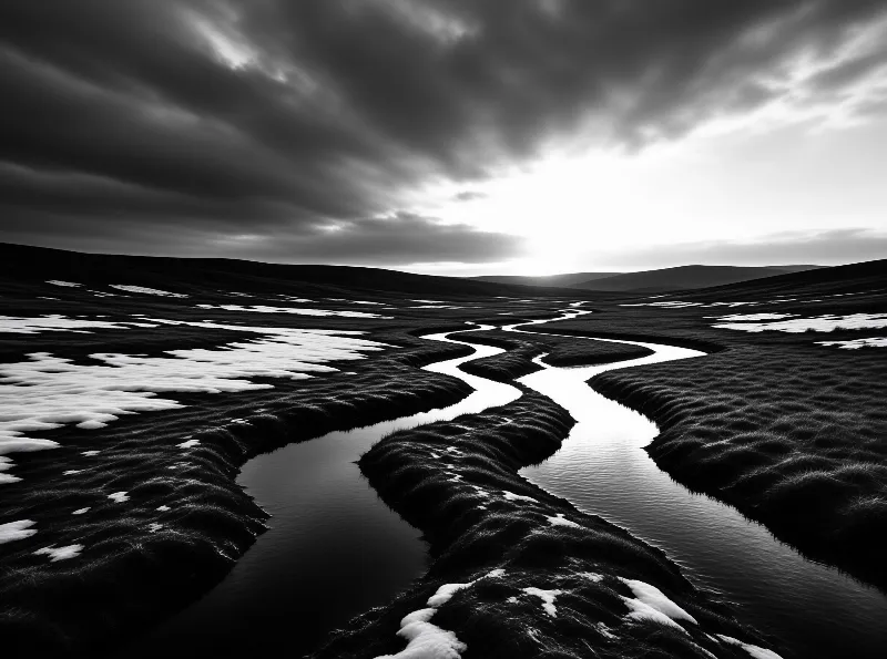 A black and white view of a winding river flowing through a landscape scattered with snow patches under clouds.