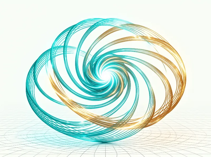 Glowing cyan and golden light streaks create a swirling spiral above a faint white grid floor with a bright central glow.