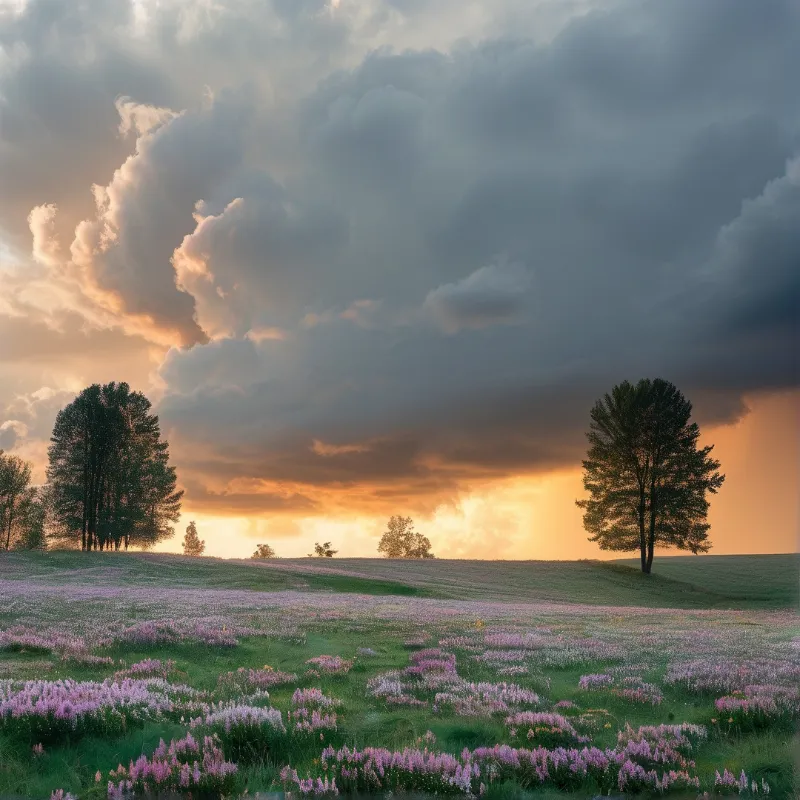 A wide open grassland scattered with purple flowers sits below a sky split between bright sunset light and heavy dark clouds.