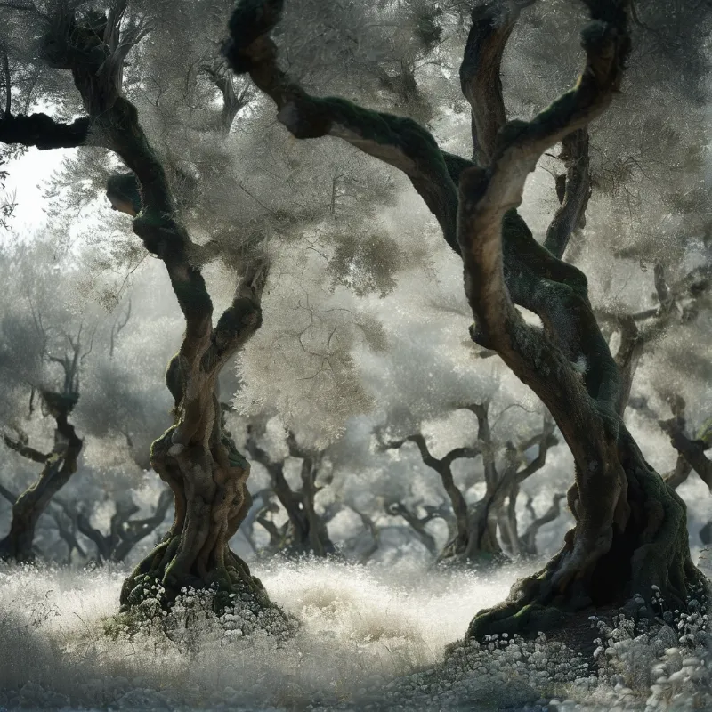 Twisted mossy trunks lean across a foggy grove where pale light dissolves the distant branches.
