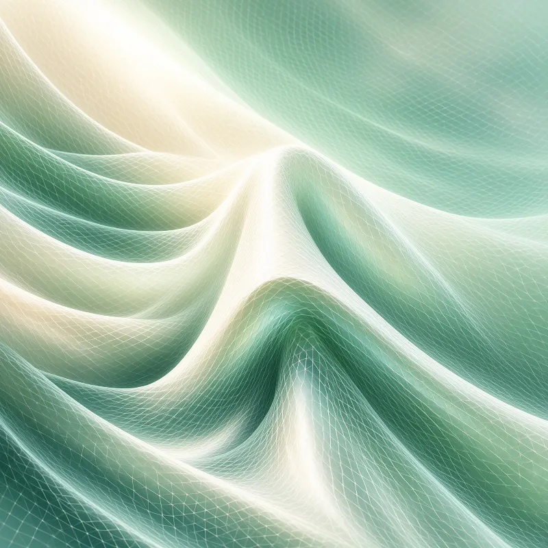 A smooth abstract surface covered in a fine geometric grid undulates like a flowing wave. Bright white highlights illuminate the peaks of the mesh while turquoise shadows deepen within the curves, creating a sense of depth and movement across the digital landscape.