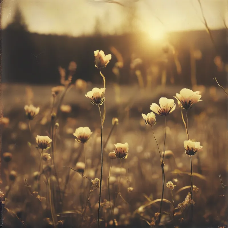 Delicate white blooms stand tall in a grassy meadow bathed in warm, hazy sunlight with a blurred background.