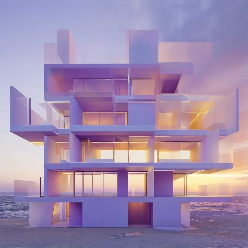 Translucent purple blocks form a layered building on a sandy beach during a golden sunset.