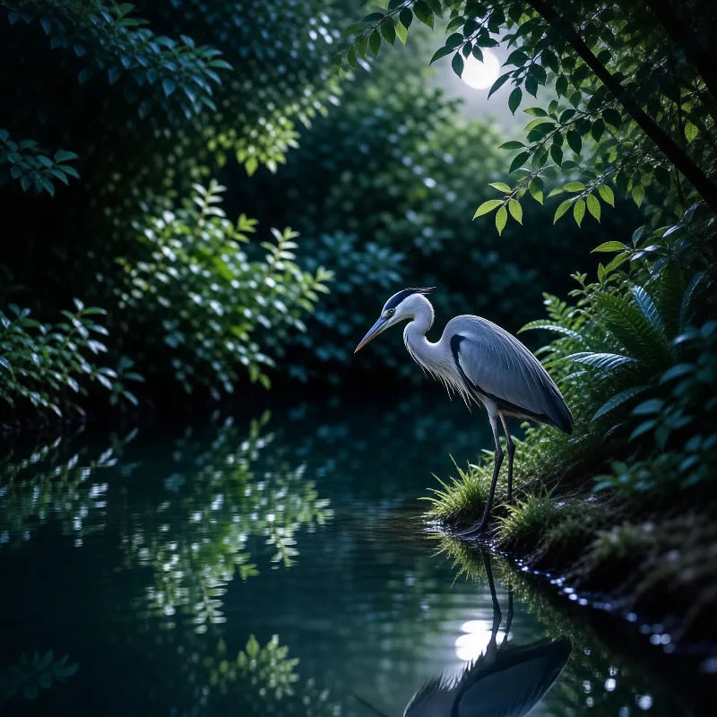 A grey heron stands poised on a mossy bank within a lush forest where sunlight filters through the canopy onto the still dark water.