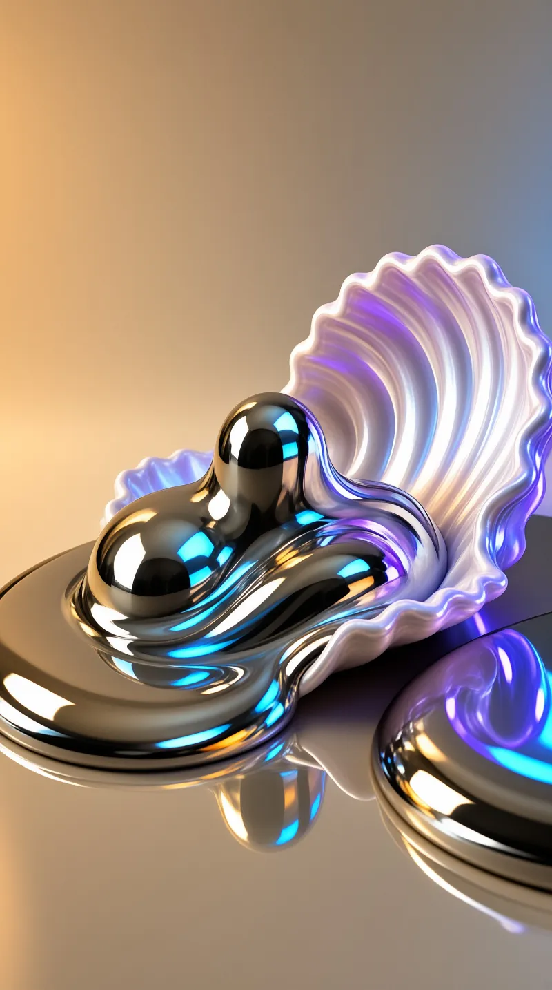 Molten silver pools inside a ruffled, pearl-toned form under shifting violet and amber reflections.