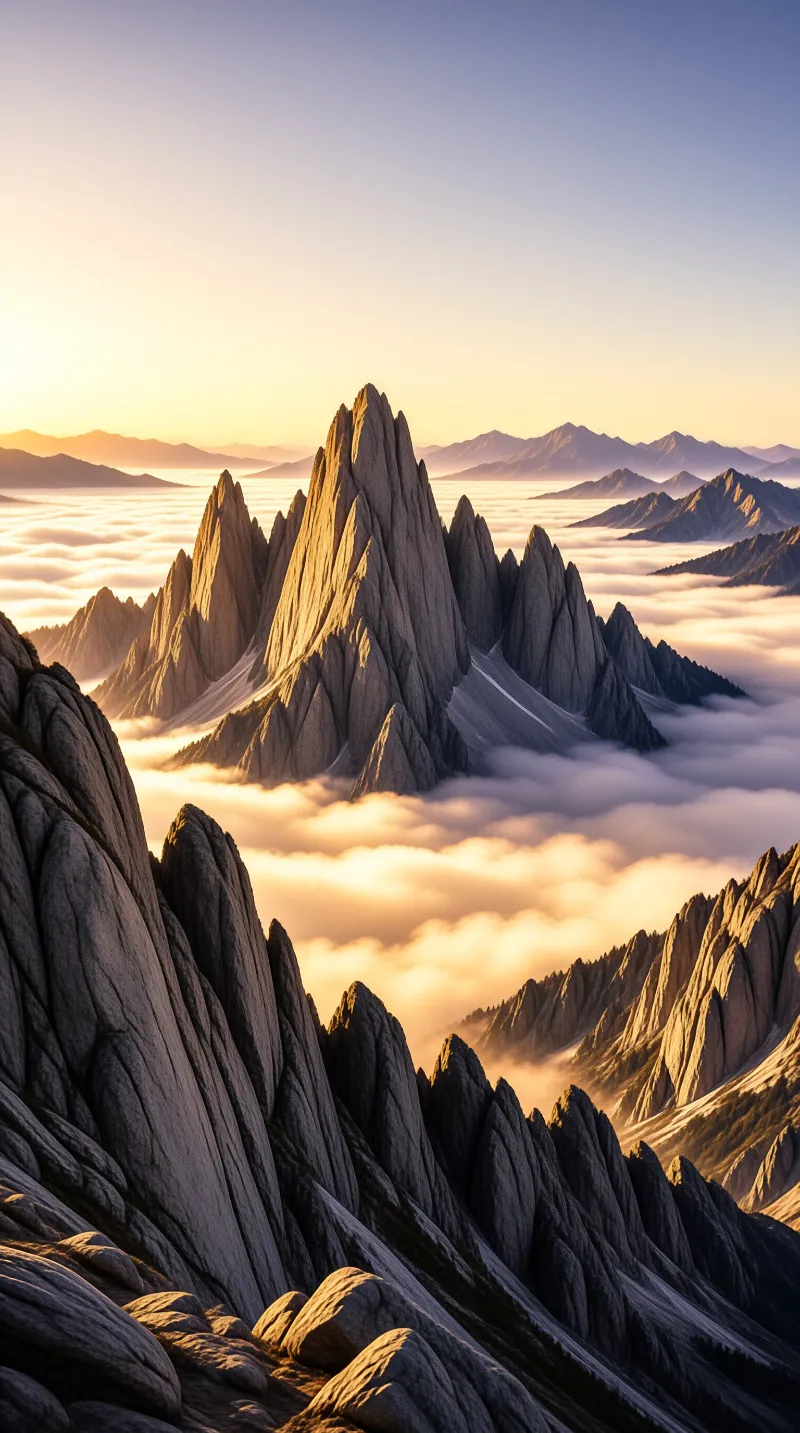 Sharp stone spires emerge from a blanket of white mist bathed in warm sunlight highlighting the rugged terrain texture.
