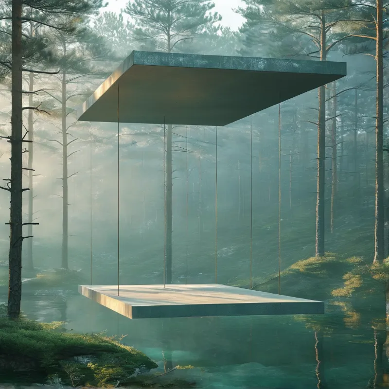 Glass walled pavilion floats above still forest water under soft morning sun, framed by tall misty pine trunks.