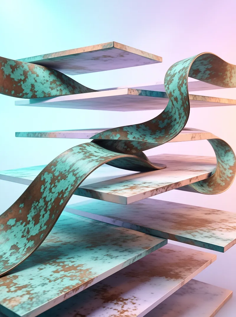 An oxidized copper band winds between pale floating stone panels on a soft blue and pink backdrop.