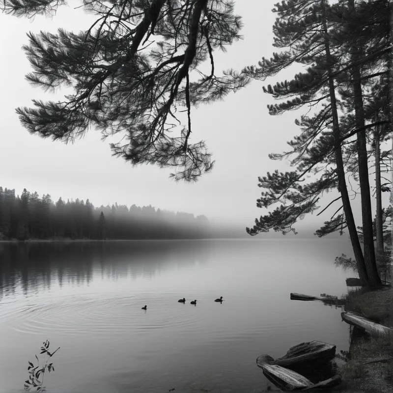 Four waterfowl glide across the still surface of a fog-covered lake framed by overhanging pine branches and distant trees.