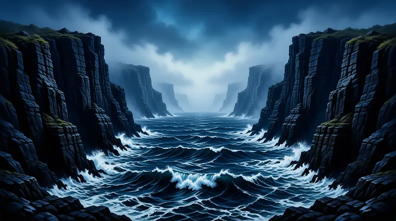 Vertical rock walls enclose a turbulent waterway filled with churning white foam beneath an overcast atmosphere.