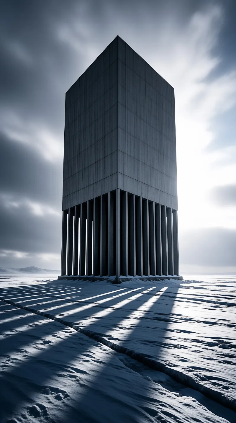 A tall dark geometric building with vertical columns at its base stands isolated in a vast white snowy field under a cloudy sky.